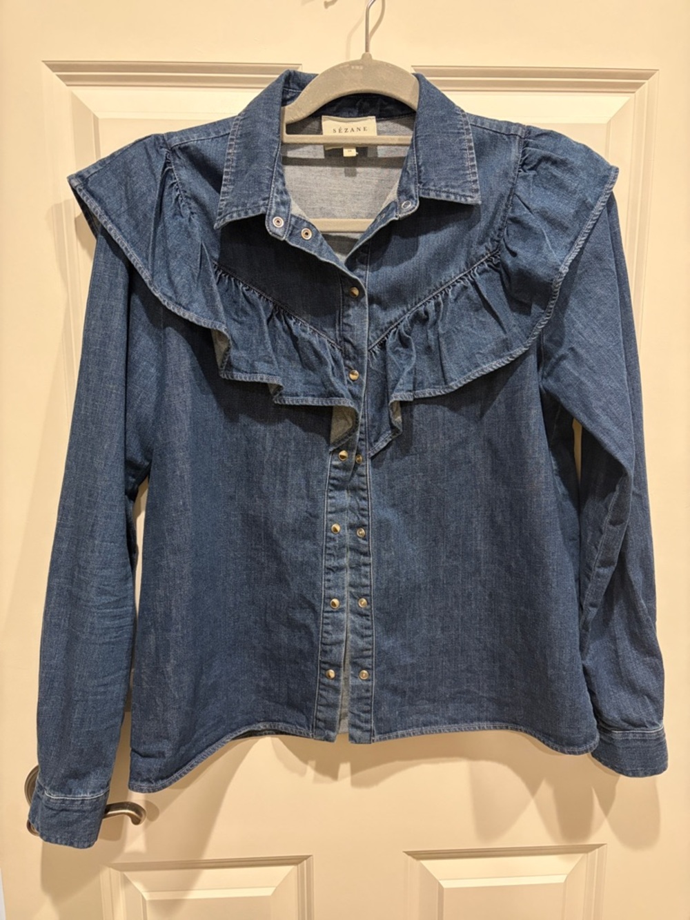 Sezane Ruffle-Yoke Denim Button-Down in Medium Blue